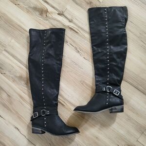 BLACK FAUX LEATHER KNEE HIGH RIDING BOOTS Silver Studs Delvin Size 7 Grunge